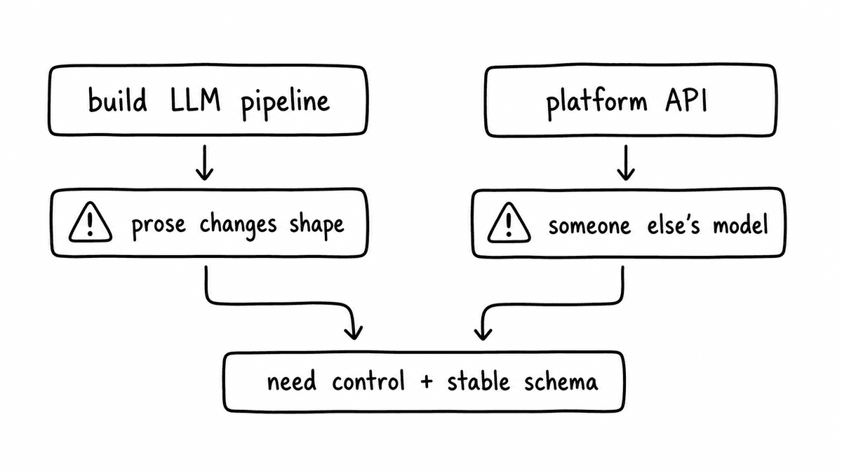 Hand-sketched comparison of engineering teams building an internal LLM pipeline with prose that changes shape or using a platform API built on someone else's model, both pointing to the need for control and stable schema.