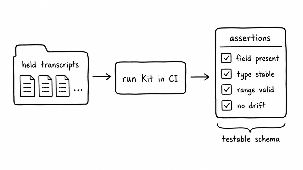 Hand-sketched developer testing workflow showing held transcripts run through a Kit in CI with assertions for field presence, type stability, valid range, and no drift.