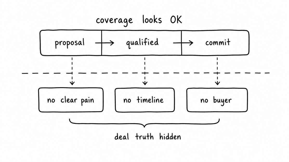 Hand-sketched pipeline coverage diagram showing proposal, qualified, and commit stage labels looking adequate while hidden deal-truth signals show no clear pain, no timeline, and no buyer.